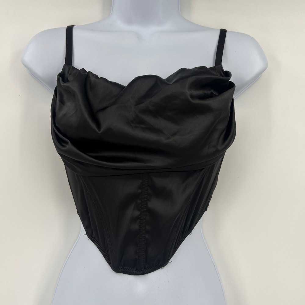 Urban Outfitters Black Satin Corset Top Medium M Cowl Neck Bustier Goth Chic - Picture 8 of 8